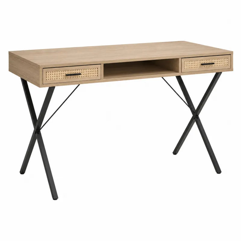 Biurko z dębową płytą MDF i metalowymi nogami, szuflady z frontem rattanowym 120x60x75 cm