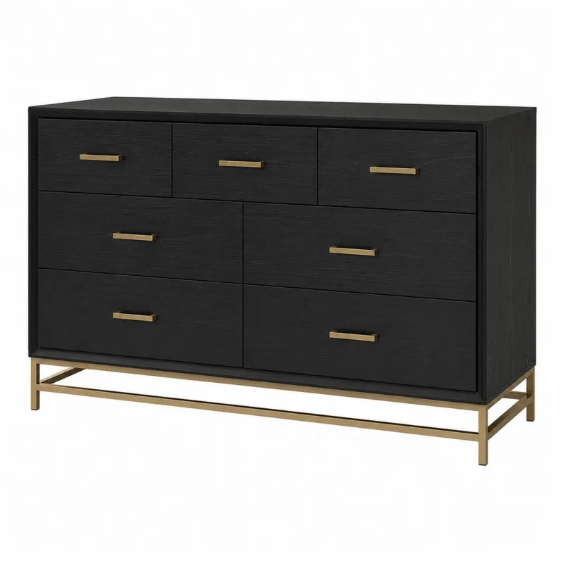 Komoda drewniana z 7 szufladami, czarna, metalowe nogi