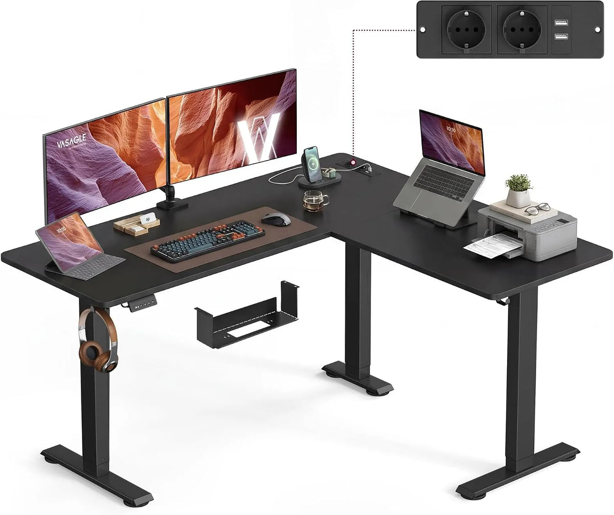 VASAGLE Biurko i stół komputerowy: USB-A, w kształcie litery L, z biurkiem, z portem USB, 160 × 140 cm, czarny