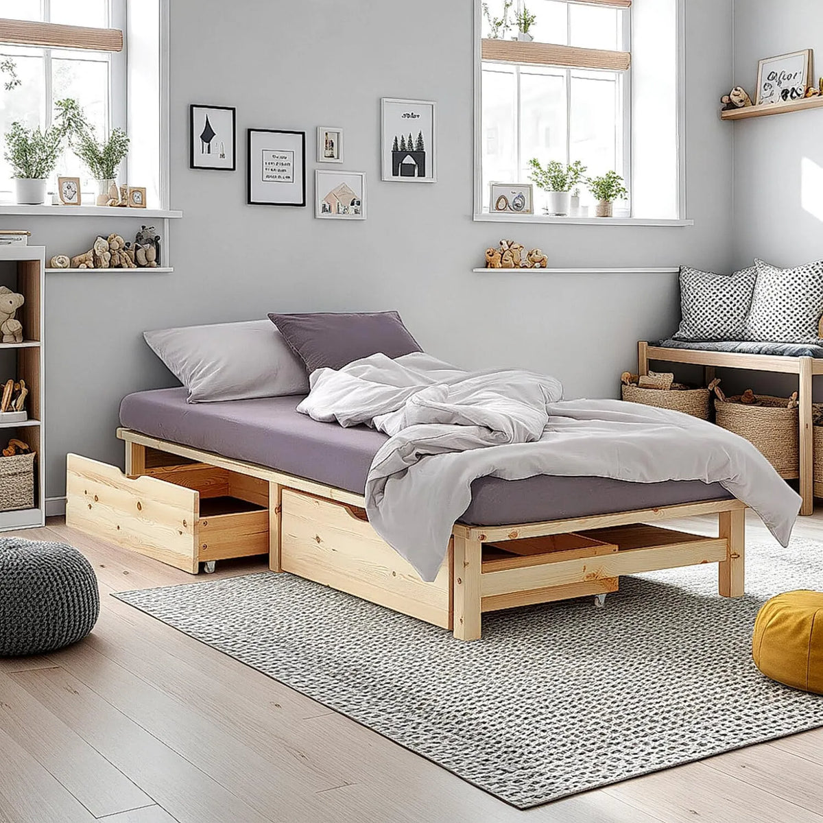 Homestyle4u łóżko z litego drewna 100 x 200 z miejscem — z drewna, z szufladami, 2 szuflady, 100 × 200, tapicerka materiałowa