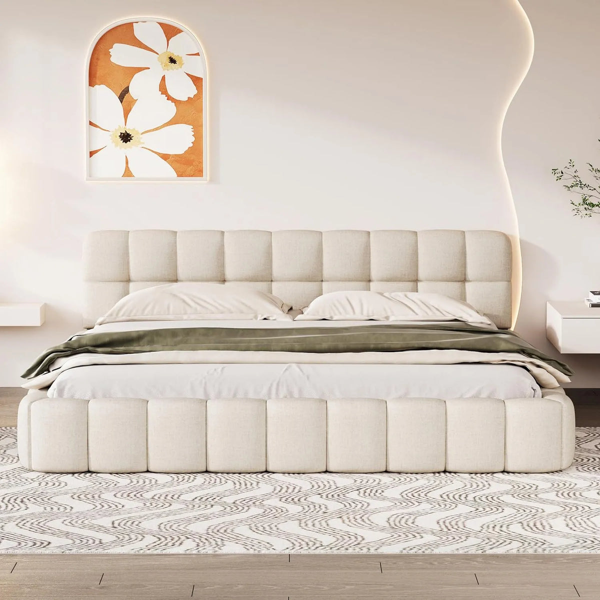 Łóżko tapicerowane i rama łóżka z obiciem — 160 × 200 cm, beżowy, tapicerka materiałowa
