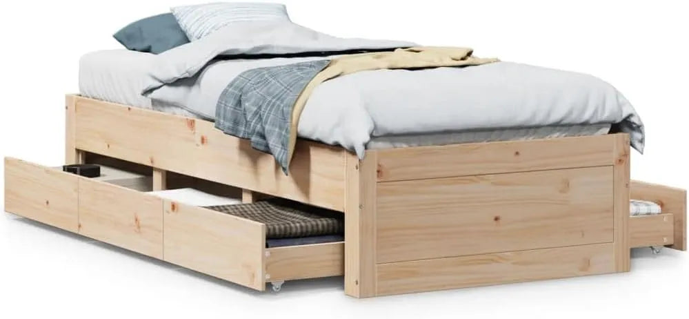 Łóżko z litego drewna bez materaca z szufladami 75 x – z drewna, ze schowkiem, 75 × 190 cm, tapicerka materiałowa