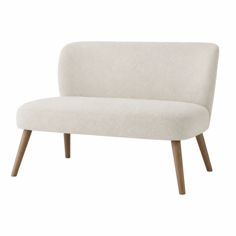 Dwuosobowa sofa z tkaniny poliestrowej w kolorze kremowym z drewnianymi nogami