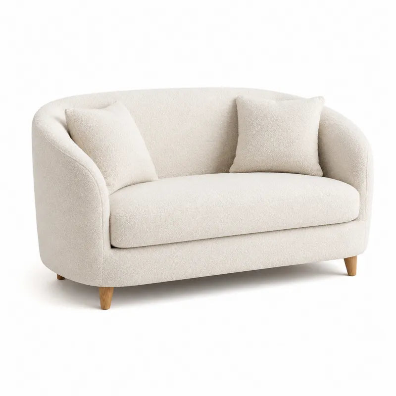 Sofa dwuosobowa bouclé beżowa z poduszkami