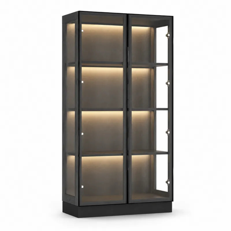 Czarna witryna z oświetleniem LED, metal, szkło hartowane, 180x80x35 cm