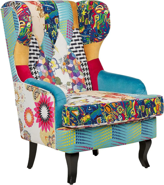 Fotel i krzesło tapicerowane uszak tapicerowany materiałowy pikowany patchwork wielokolorowy niebieski Molde