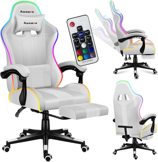 Krzesło biurowe — RGB, regulacja nachylenia, z podłokietnikami, z poduszkami, gamingowy, 140 kg, biały