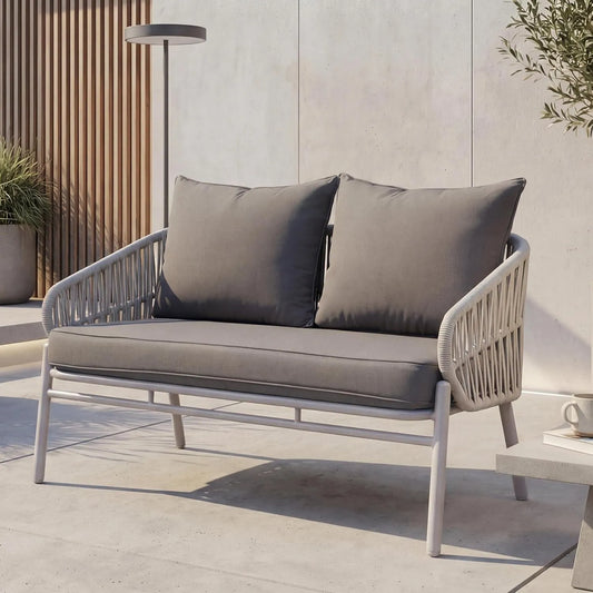 Sofa ogrodowa i sofa wypoczynkowa na taras — HWC-P90, jasnoszara, tapicerka materiałowa, z aluminium, 180 g, tapicerka materiałowa