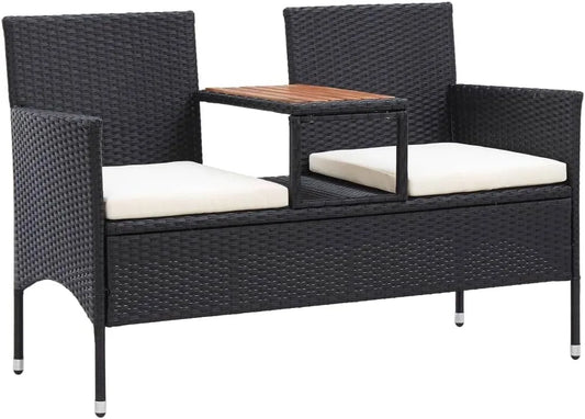 Dwuosobowa Ławka ogrodowa i ławka tarasowa ze stolikiem 143 cm rattan PE — z technorattanu, czarny
