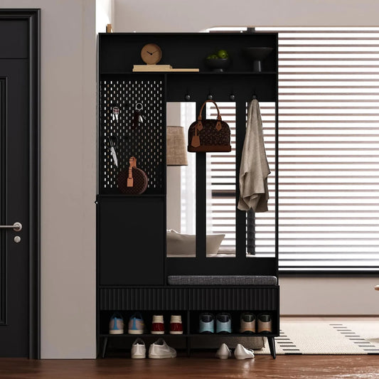 Generisch Zestaw garderobiany z ławką na buty: z szufladami, 100 × 35 × 180 cm, 6 w, czarny
