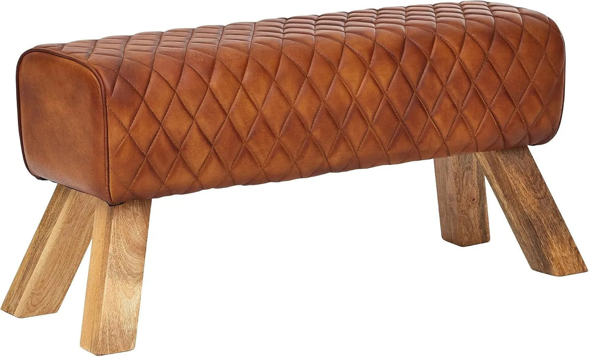 FineBuy ławka prawdziwa skóra/lite drewno 89x46x35 cm skóra Modern Turnbock: z drewna, 89 × 46 × 35 cm