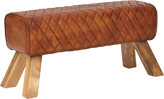 FineBuy ławka prawdziwa skóra/lite drewno 89x46x35 cm skóra Modern Turnbock: z drewna, 89 × 46 × 35 cm