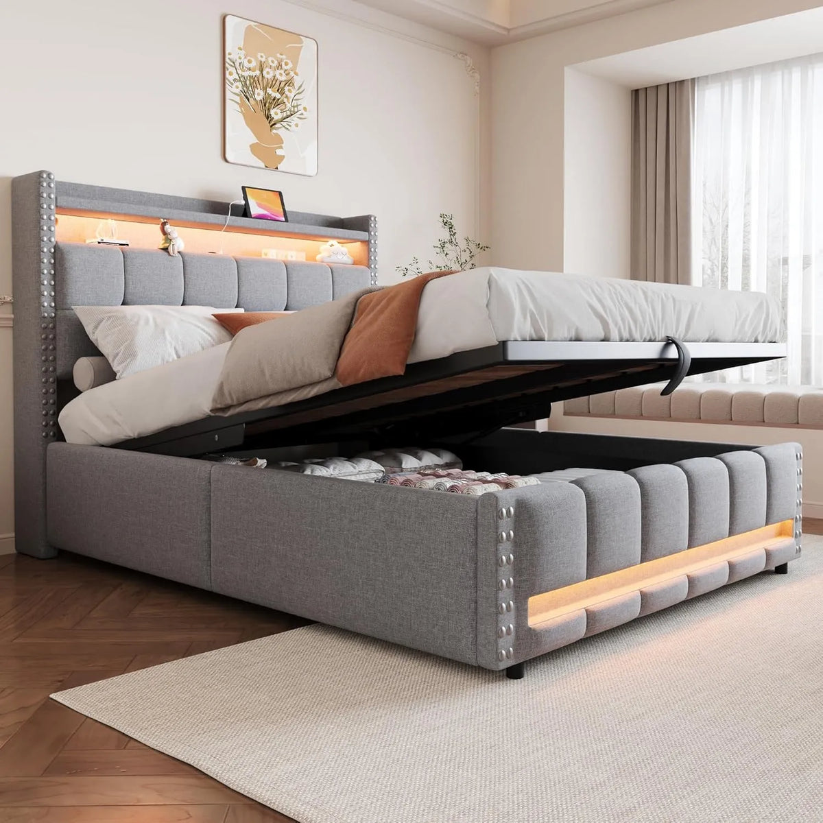 Łóżko tapicerowane i rama łóżka z obiciem – z portem USB, wyświetlacz LED, 140 × 200 cm