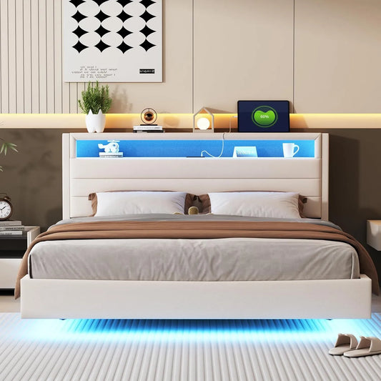 Łóżko tapicerowane i rama łóżka z obiciem – tapicerka materiałowa, z portem USB, składana konstrukcja, wyświetlacz LED, 160 × 200 cm