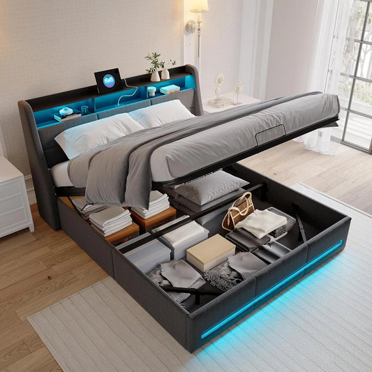 Łóżko tapicerowane i rama łóżka z obiciem — z portem USB, wyświetlacz LED, 140 × 200 cm