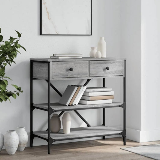 stolik konsolowy szary Sonoma 75 x 34 – z drewna, z szufladami, 75 × 34, 5 × 75 cm
