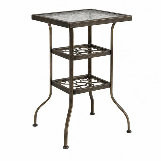 Metalowy stolik z półkami i szkłem hartowanym 60x60x90 cm brązowy