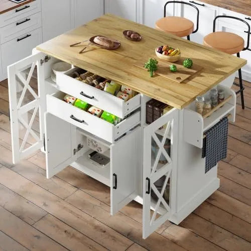 vutizal Ruchoma wyspa kuchenna na kółkach i 4 drzwiami 2: z szufladami, 2 szufladami, 120 × 40, 94, 5 cm, biały
