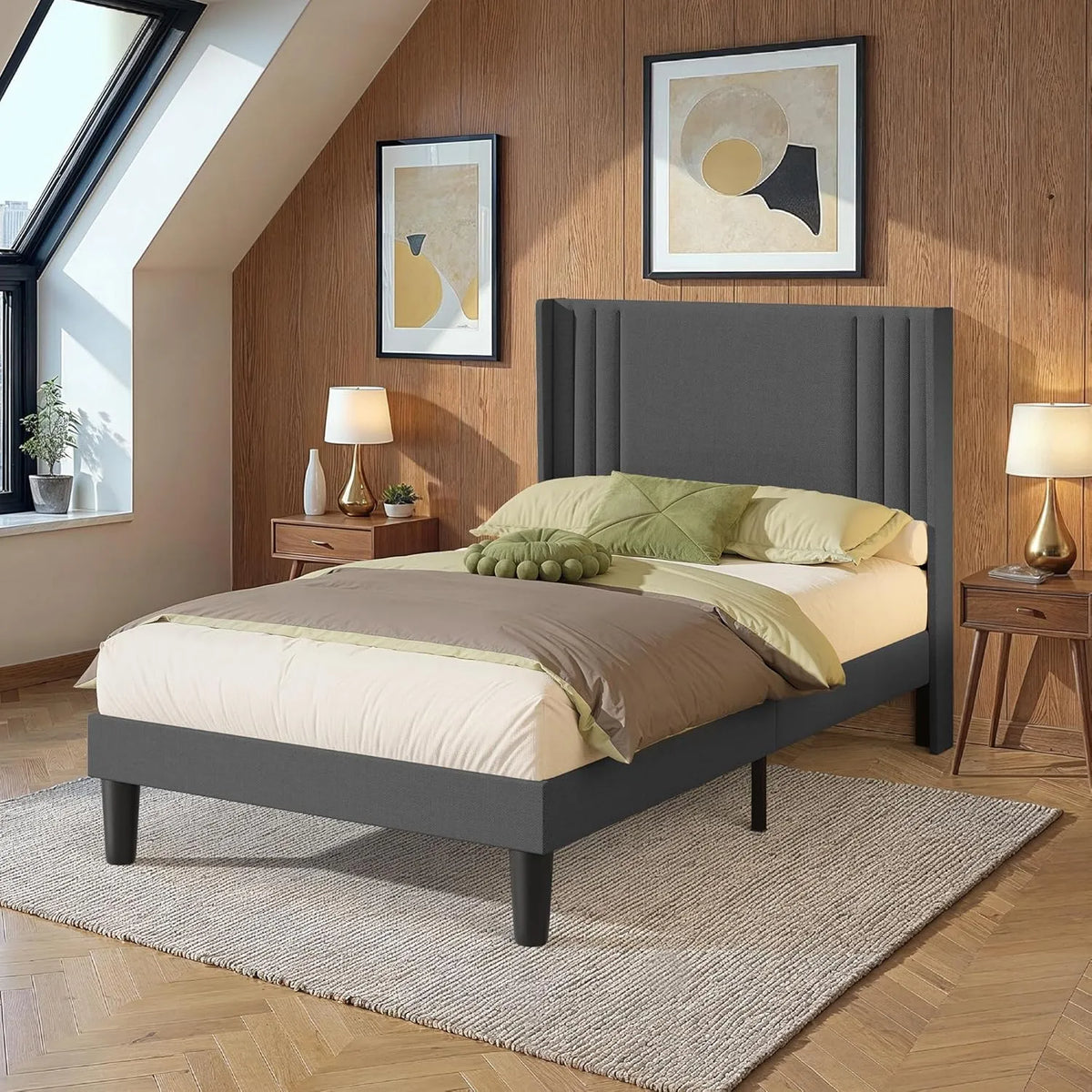 Łóżko tapicerowane i rama łóżka z obiciem — tapicerka materiałowa, 120×200 cm, 120 × 200cm, szary, tapicerka materiałowa