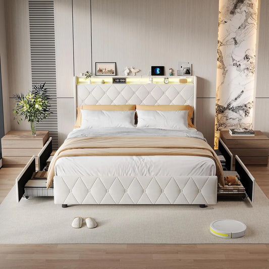 Łóżko tapicerowane i rama łóżka z obiciem — z szufladami, z portem USB, tapicerka aksamitna, wyświetlacz LED, 4 szufladami, 140 × 200 cm, beżowy