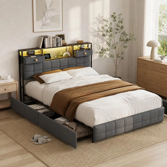 Łóżko tapicerowane i rama łóżka z obiciem – z szufladami, z portem USB, tapicerka aksamitna, wyświetlacz LED, 4 szufladami, 160 × 200 cm, szary