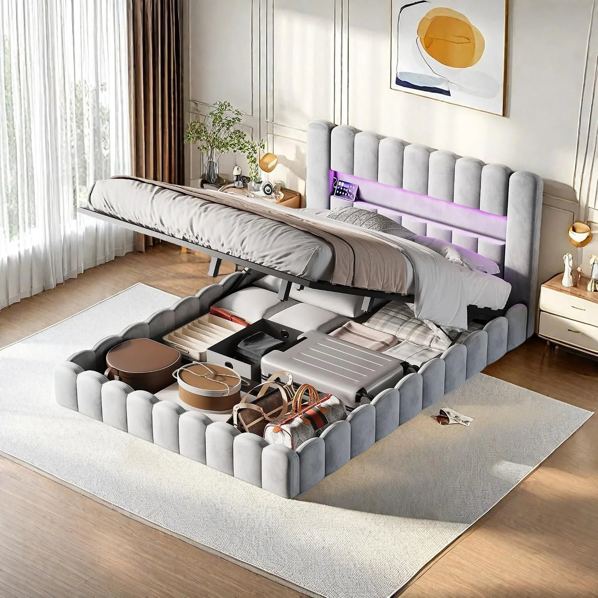 Łóżko tapicerowane i rama łóżka z obiciem — z portem USB, tapicerka aksamitna, wyświetlacz LED, 180 × 200 cm, tapicerka materiałowa