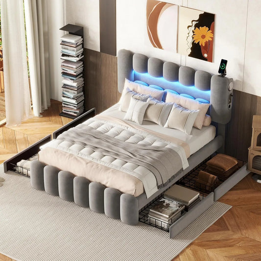 Łóżko tapicerowane i rama łóżka z obiciem: z szufladami, z portem USB, wyświetlacz LED, 4 szufladami, 140 × 200 cm, szary