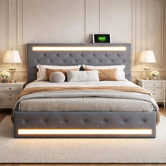 Łóżko 180 x 200 cm ze stelażem LED i USB – z szufladami, z portem USB, wyświetlacz LED, 4 szufladami, 180 × 200 cm