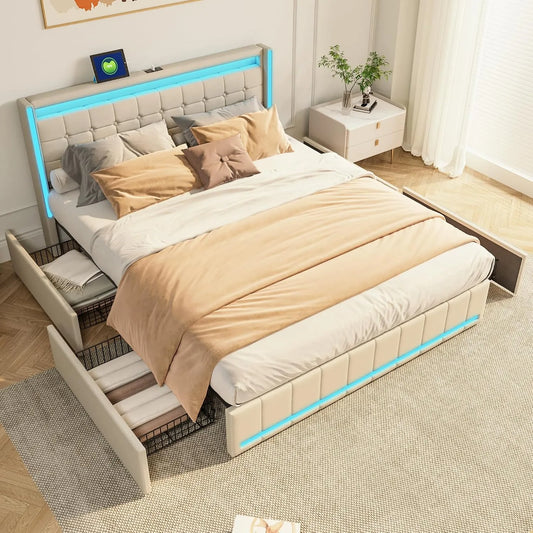 Tapicerowane łóżko podwójne 140x190 cm z 4 szufladami do przechowywania: z szufladami, z portem USB, wyświetlacz LED, 140 × 190 cm, beżowy
