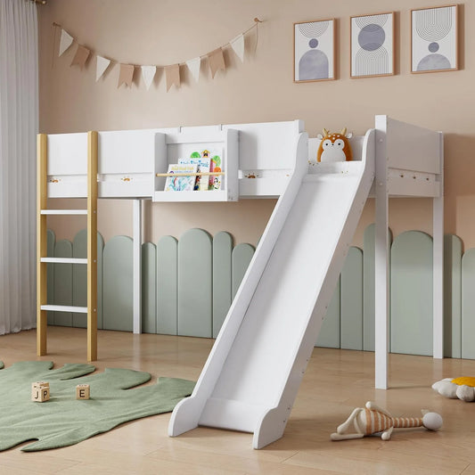 Łóżko piętrowe i łóżko wysokie – MDF, z drewna, ze zjeżdżalnią, 90 × 200 cm, biały