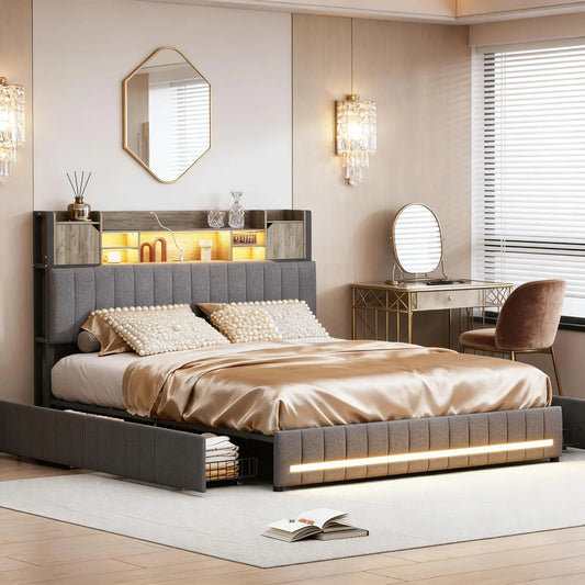 Łóżko tapicerowane i rama łóżka z obiciem — tapicerka materiałowa, z szufladami, z portem USB, wyświetlacz LED, 160 × 200, 160 × 200 cm