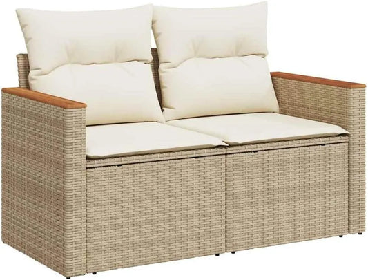 Sofa ogrodowa i sofa wypoczynkowa na taras — z poduszkami, z technorattanu, 2-osobowa, beżowy