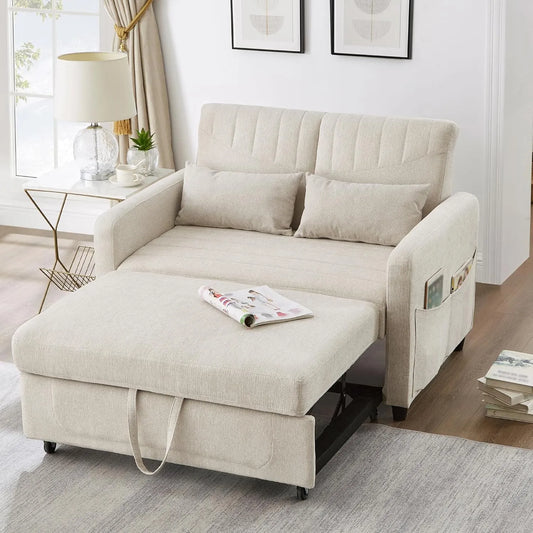 Sofa – tapicerka materiałowa, z funkcją spania, z oparciem, z poduszkami, 2-osobowa, beżowy, rozkładana konstrukcja, tapicerka materiałowa