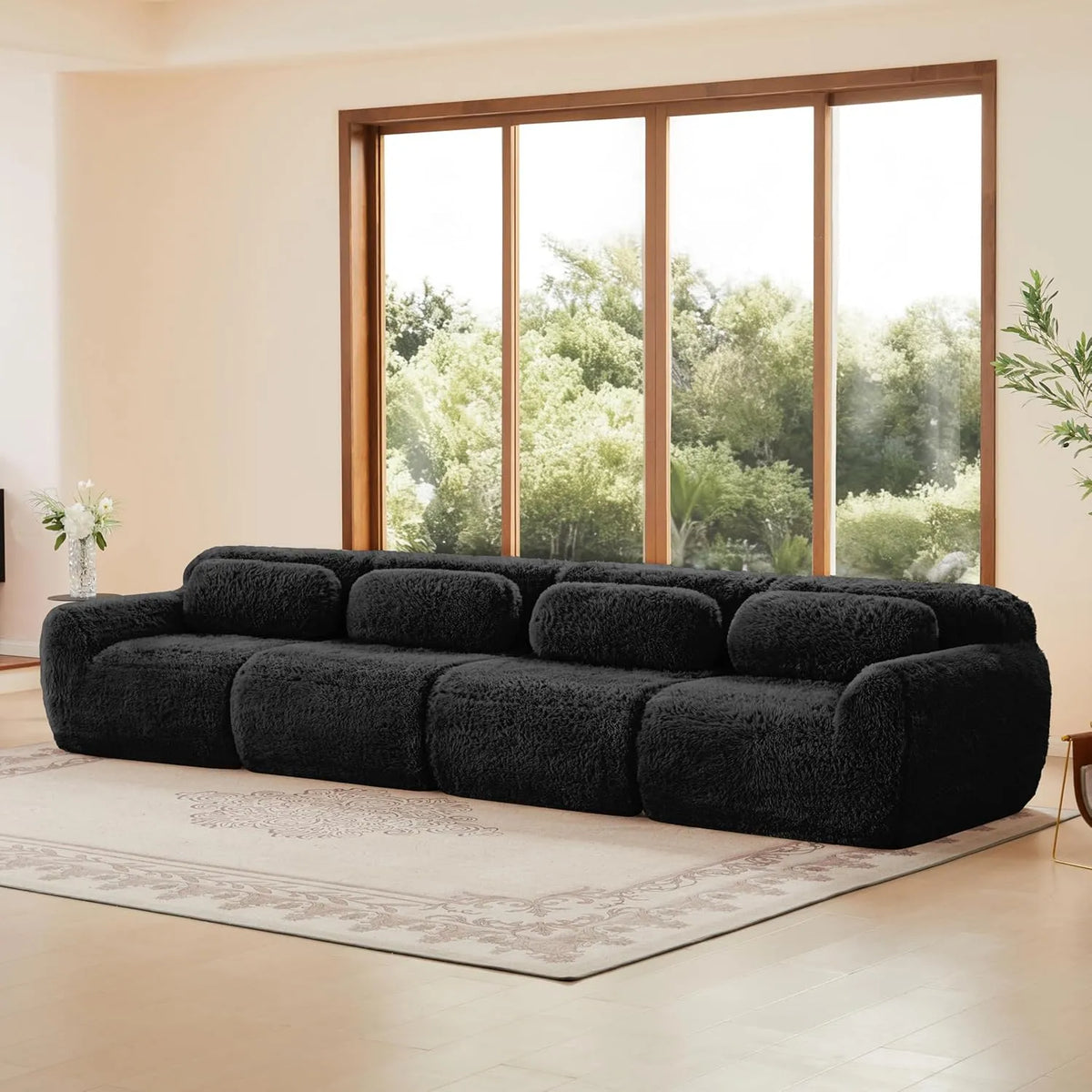 Sofa narożna – modułowa konstrukcja, wypełnienie piankowe, z funkcją spania, 4-osobowa, czarny
