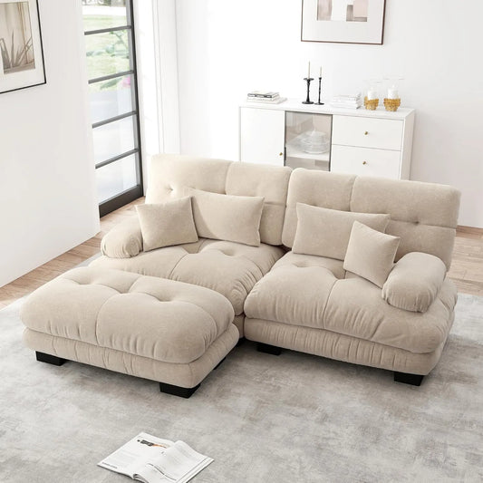 Sofa narożna: z tkaniny szenilowej, z poduszkami, 2-osobowa