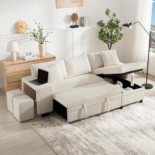Sofa narożna: w kształcie litery L, z funkcją spania, z poduszkami, z portem USB, 3-osobowa, składana konstrukcja, rozkładana konstrukcja