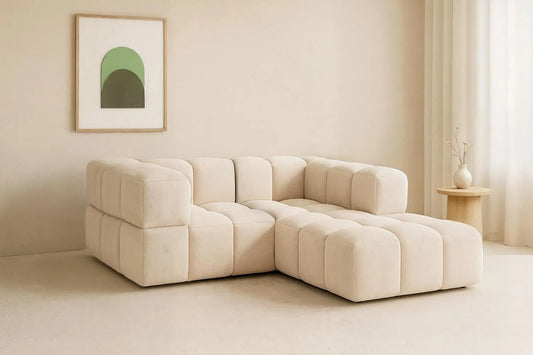 Sofa narożna — modułowa konstrukcja, w kształcie litery L, z drewna, 187 × 185 × 70 cm, 187 cm, beżowy