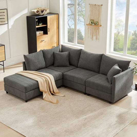 Sofa narożna – modułowa konstrukcja, w kształcie litery L, 5-osobowa, rozkładana konstrukcja