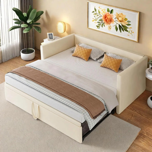 Sofa: z funkcją spania, tapicerka aksamitna, składana konstrukcja, 180 × 200 cm, beżowy, rozkładana konstrukcja