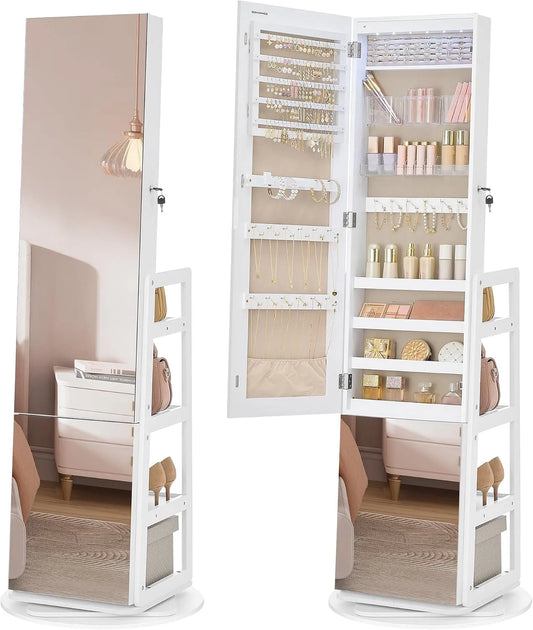 SONGMICS JJC027WH01 Szafka na biżuterię: z półkami, obrotowy, 4 półki, biały, z oświetleniem LED