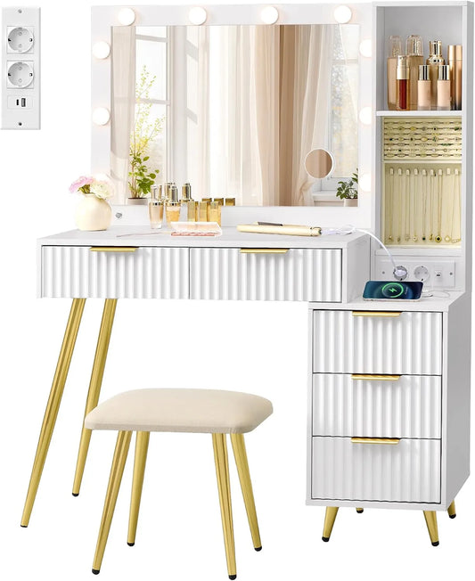 VASAGLE RVT020WB01 Toaletka i stolik do makijażu z lustrem i stołkiem – z szufladami, wyświetlacz LED, 40 × 110 × 135 cm, biały