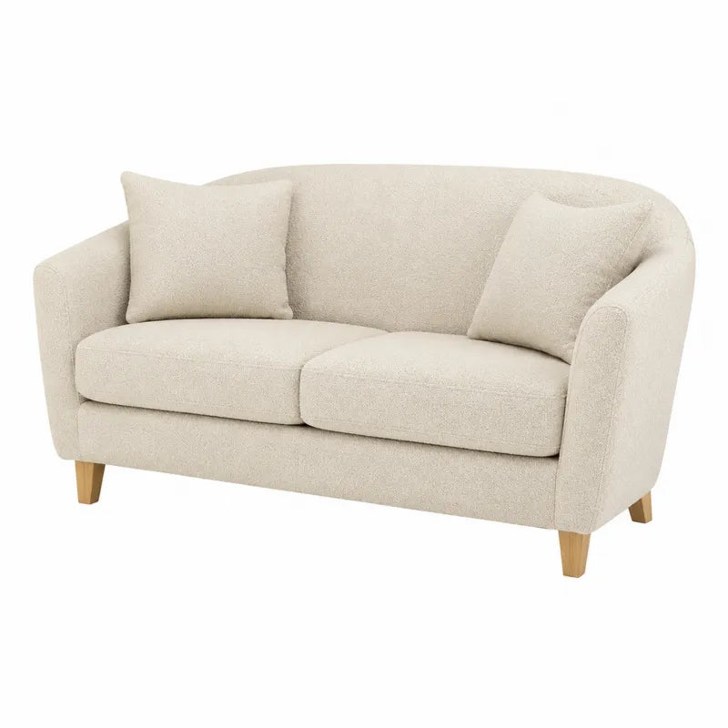 Beżowa sofa dwuosobowa z drewnianymi nogami, tkanina poliestrowa