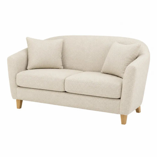 Beżowa sofa dwuosobowa z drewnianymi nogami, tkanina poliestrowa